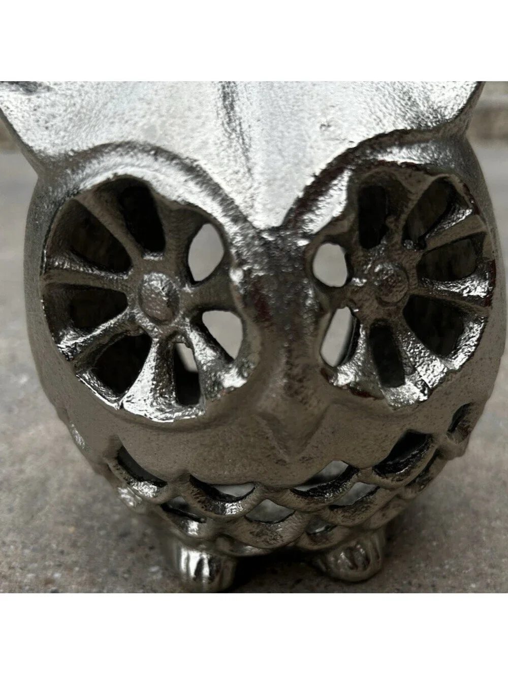 Vintage Pewter Iron Owl Candle Holder Lantern Tea Light Garden Decor 5” Tall